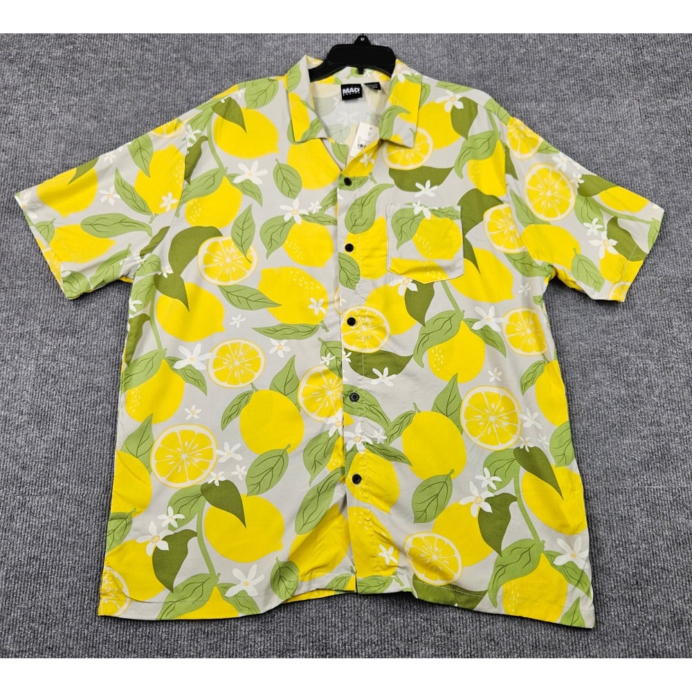 NWT Mad Engine XL Lemon Print Rayon Button Down Shirt Short Sleeve Yellow Grey
